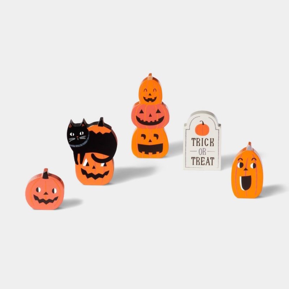 Wood Mini Mantle Pumpkins/Cat/Tombstone Halloween Decorative Prop nwt